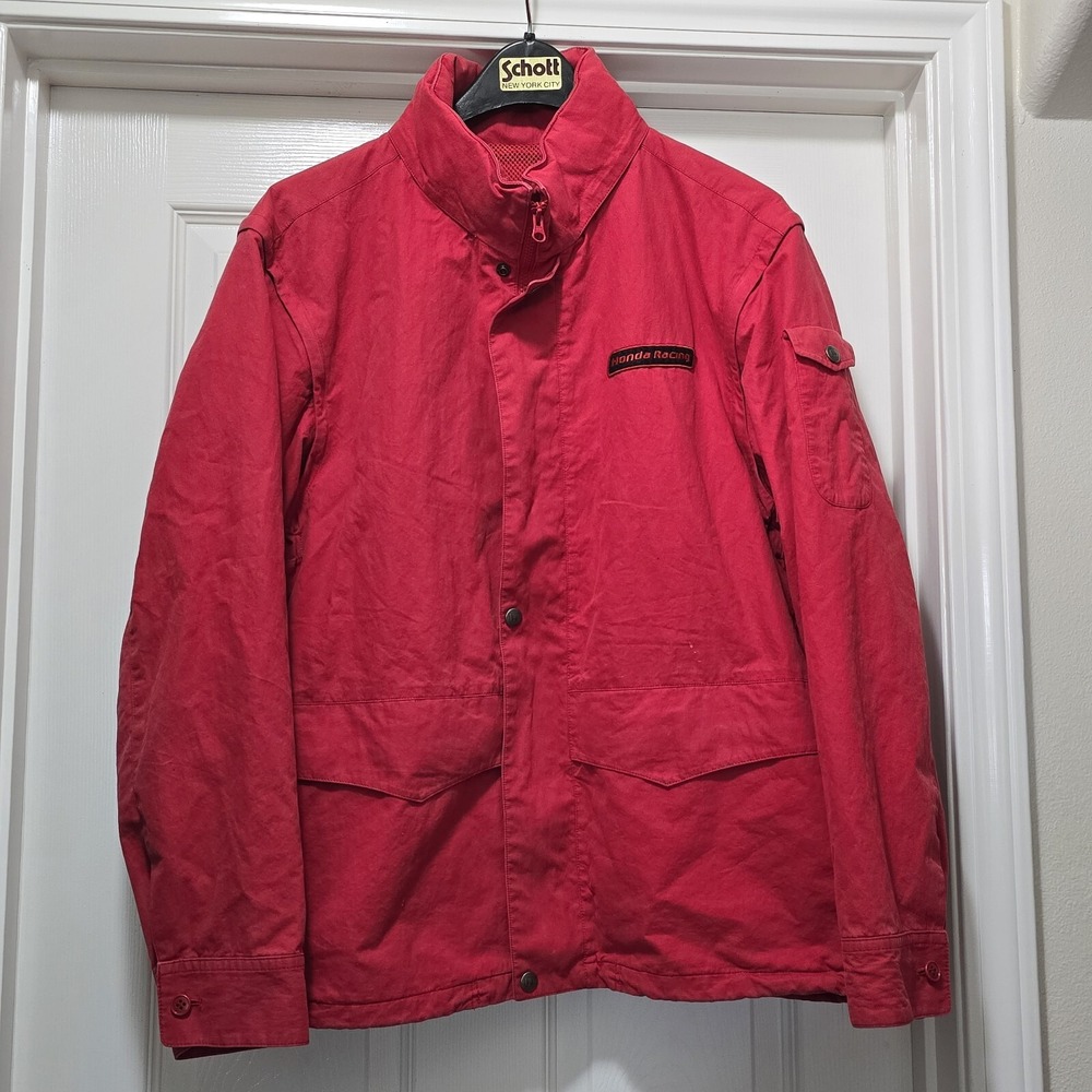 VTG 90s Honda Racing Red Motorcycle Shop Jacket Zip Off Sleeves Men's L